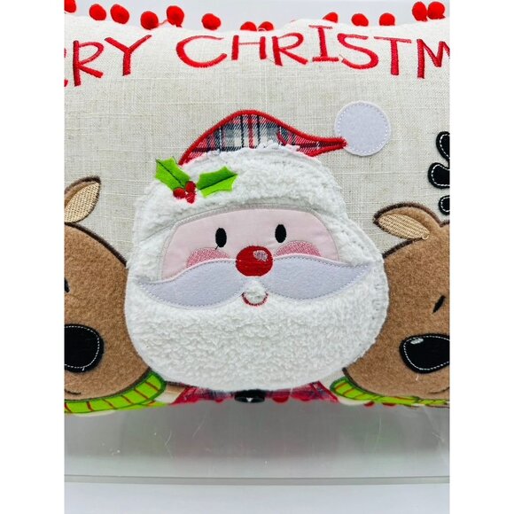 Merry Christmas Pillow Santa Reindeer Pom Pom Decorative Throw Cushion Holiday - Picture 2 of 8